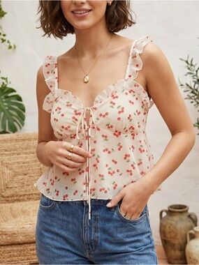 wild fable Cream Cherry-Print Ruffle Tie-Front Camisole